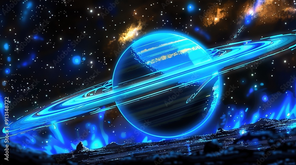 An artist's depiction of a planet with rings encircling it and a star at its center, rendered with precision and detail An artist's depiction of a planet with rings encircling it and a star at its center, rendered with precision and detail