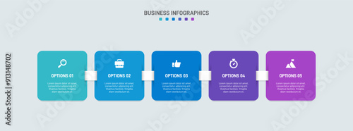 Horizontal progress bar featuring 5 arrow-shaped elements, symbolizing the five stages of business strategy and progression. Clean timeline infographic design template. Vector for presentation