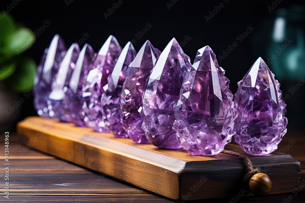 raw amethyst crystals on wooden stand on black background
