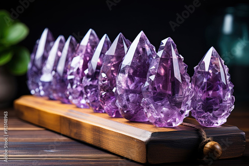 Obraz na płótnie raw amethyst crystals on wooden stand on black background w salonie