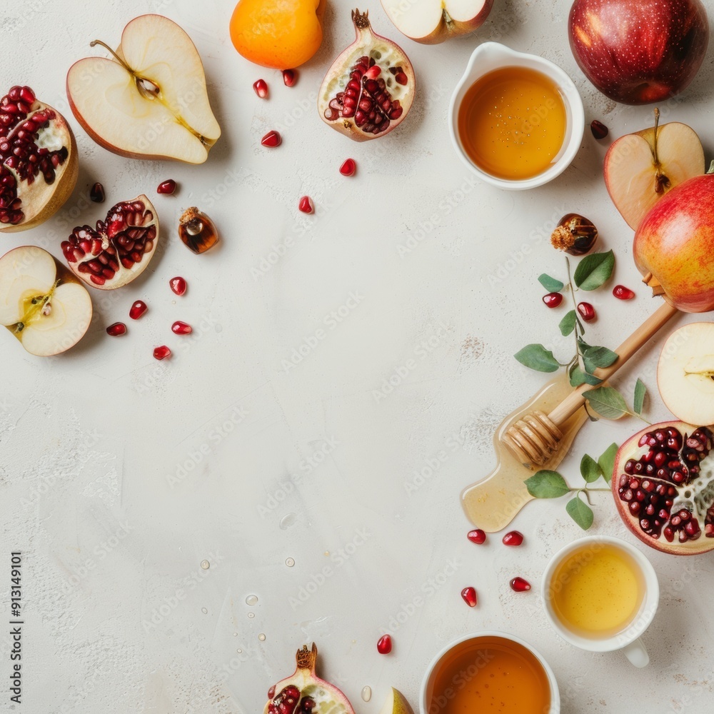 Rosh Hashana Celebration, Apple, Pomegranate and Honey, AI Generated, copy space Rosh Hashana Celebration, Apple, Pomegranate and Honey, AI Generated, copy space