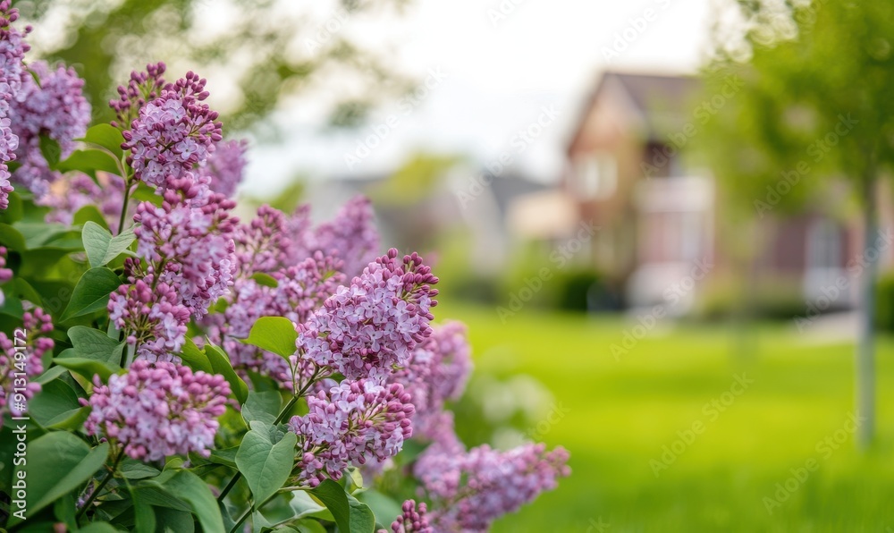Lilac flowers in full bloom, with green leaves and purple blossoms against the backdrop of blurred houses and trees Lilac flowers in full bloom, with green leaves and purple blossoms against the backdrop of blurred houses and trees