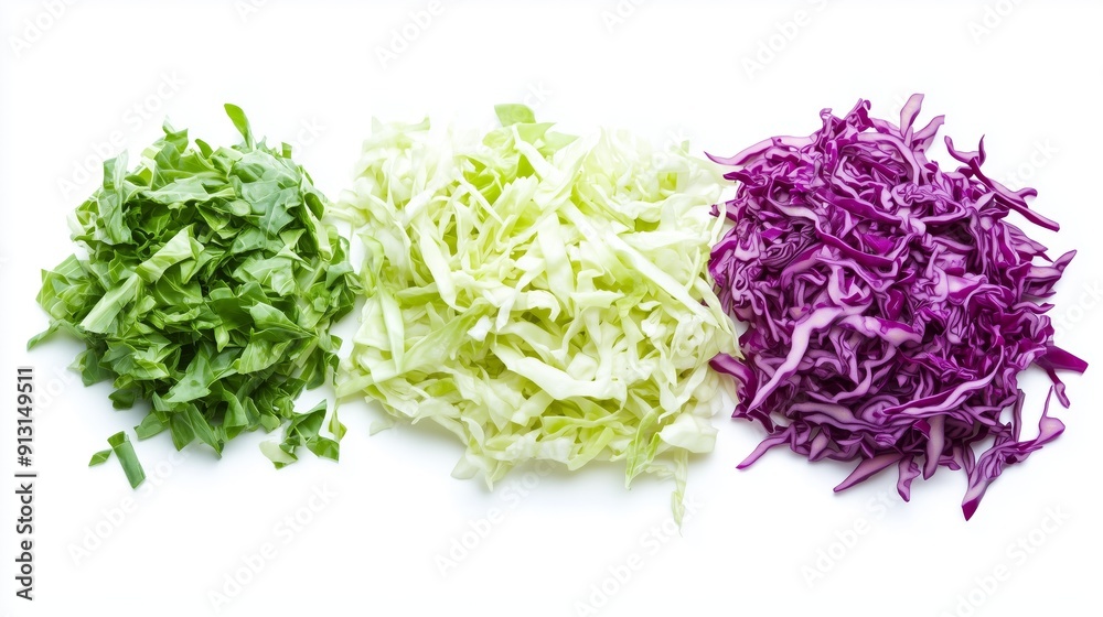 A mix of shredded cabbage in a pile adding color and nutrition to dishes. A mix of red and green cabbage on a white background. A mix of shredded cabbage in a pile adding color and nutrition to dishes. A mix of red and green cabbage on a white background.