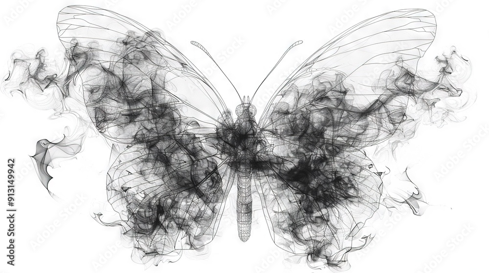 A monochrome image of a butterfly emitting smoke from its wings A monochrome image of a butterfly emitting smoke from its wings