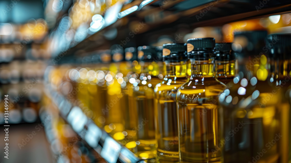 Shelf with bottles of cooking oil in a grocery store Shelf with bottles of cooking oil in a grocery store