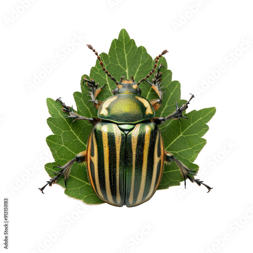 Macro shot of a fiery searcher beetle with its metallic green and yellow stripes standing on a green leaf photo