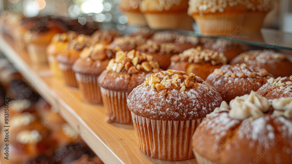 Row of muffins topped with nuts and powdered sugar on display. Row of muffins topped with nuts and powdered sugar on display.