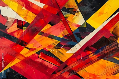 A kinetic collage of dynamic forms and vibrant hues, intense reds and yellows, suggesting rapid movement, Constructivist style photo