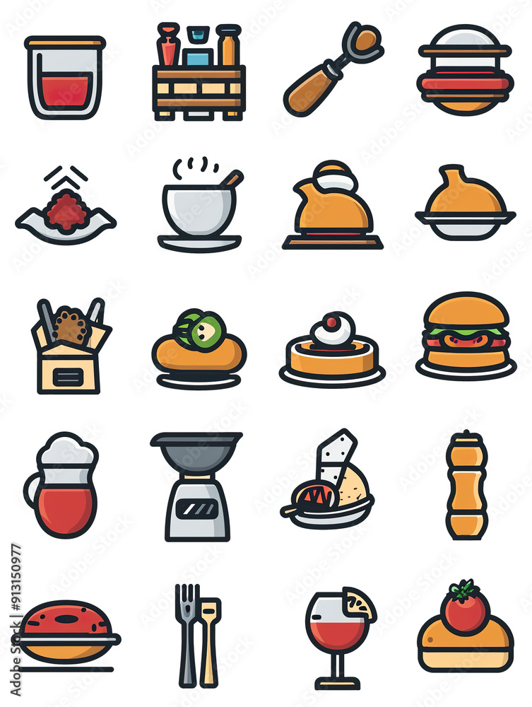 Fototapeta premium Collection of Colorful Food and Drink Icons, generative ai image