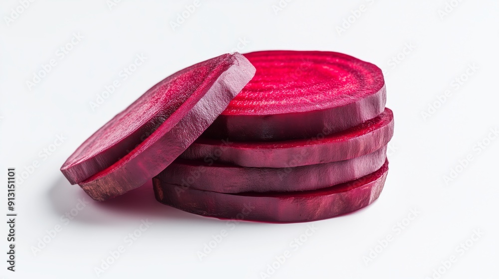 Sliced beets displaying vibrant shades of red and purple against a white background. Beetroot slices with a dense and juicy texture. Sliced beets displaying vibrant shades of red and purple against a white background. Beetroot slices with a dense and juicy texture.