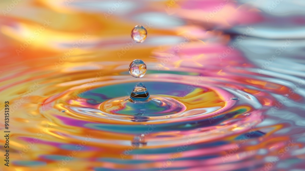 A water droplet creates ripples in a vibrant, colorful fluid background. A water droplet creates ripples in a vibrant, colorful fluid background.