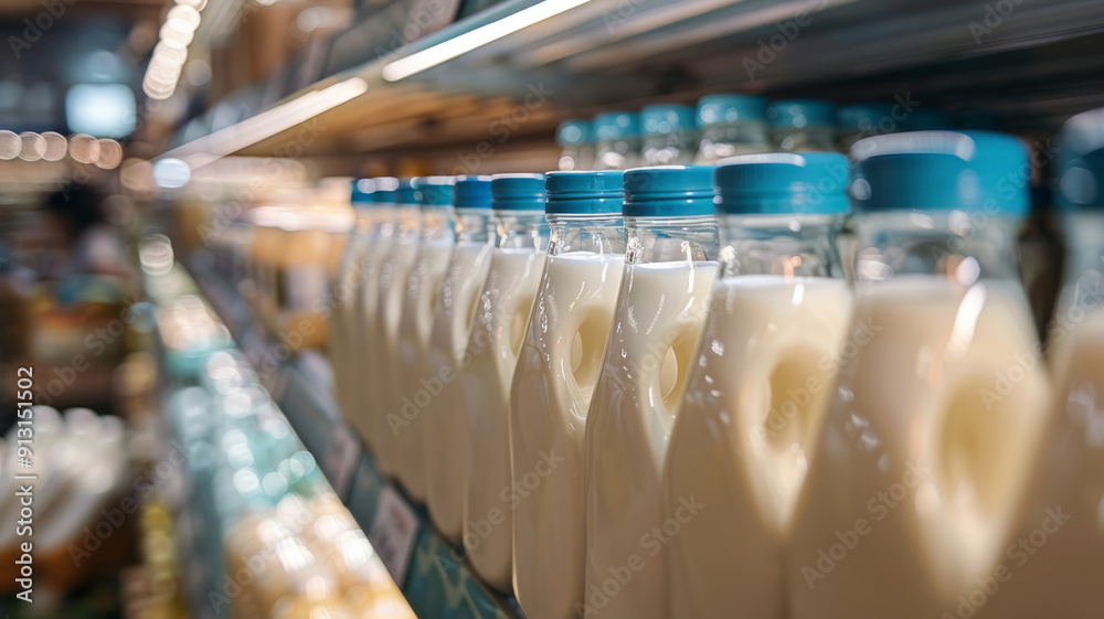 Row of milk bottles on a supermarket shelf Row of milk bottles on a supermarket shelf