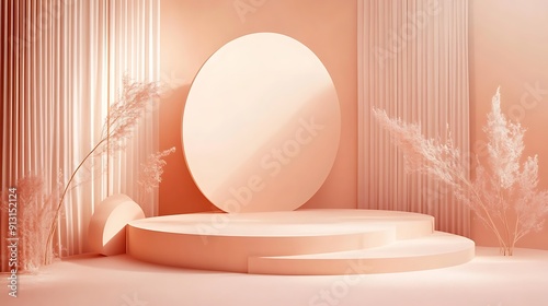 A minimal mockup stage design with shapes that comes in three different size in a unsymmetrical composition, soft and dreamy depiction, linear illustration, soft peach pantone color