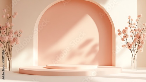 A minimal mockup stage design with shapes that comes in three different size in a unsymmetrical composition, soft and dreamy depiction, linear illustration, soft peach pantone color