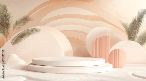 A minimal mockup stage design with shapes that comes in three different size in a unsymmetrical composition, soft and dreamy depiction, linear illustration, soft peach pantone color
