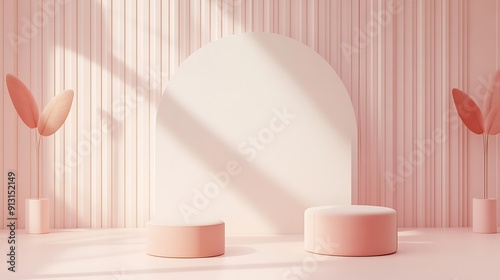 A minimal mockup stage design with shapes that comes in three different size in a unsymmetrical composition, soft and dreamy depiction, linear illustration, soft peach pantone color photo