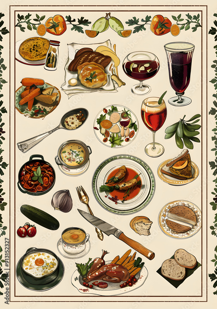 french cuisine themed on white background french cuisine themed on white background