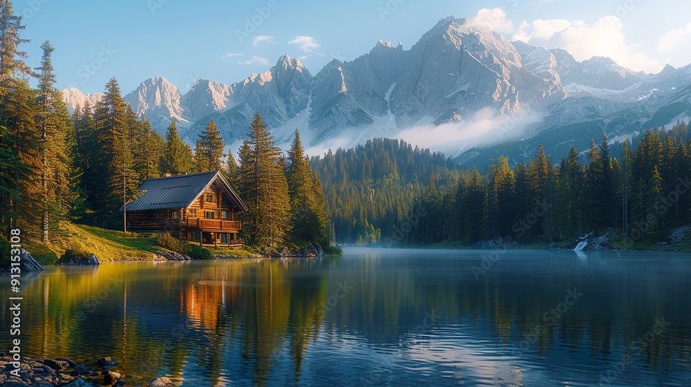 Fototapeta premium Log cabin in the forest, beside a lake reflecting the cabin