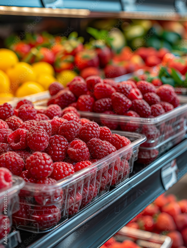 Plastic containers of fresh raspberries on a market shelf Plastic containers of fresh raspberries on a market shelf