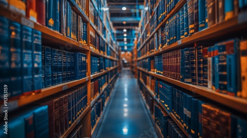 A library aisle filled with rows of neatly organized bookshelves under soft lighting, creating a peaceful atmosphere.