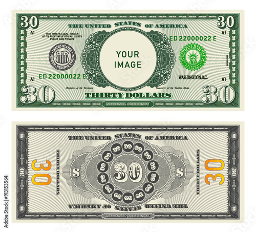 Vector highly detailed fictional beautiful 30 US dollar banknote. Obverse and reverse of American bill with guilloche patterns. Empty circle in center. Sample, your image. Thirty dollars.