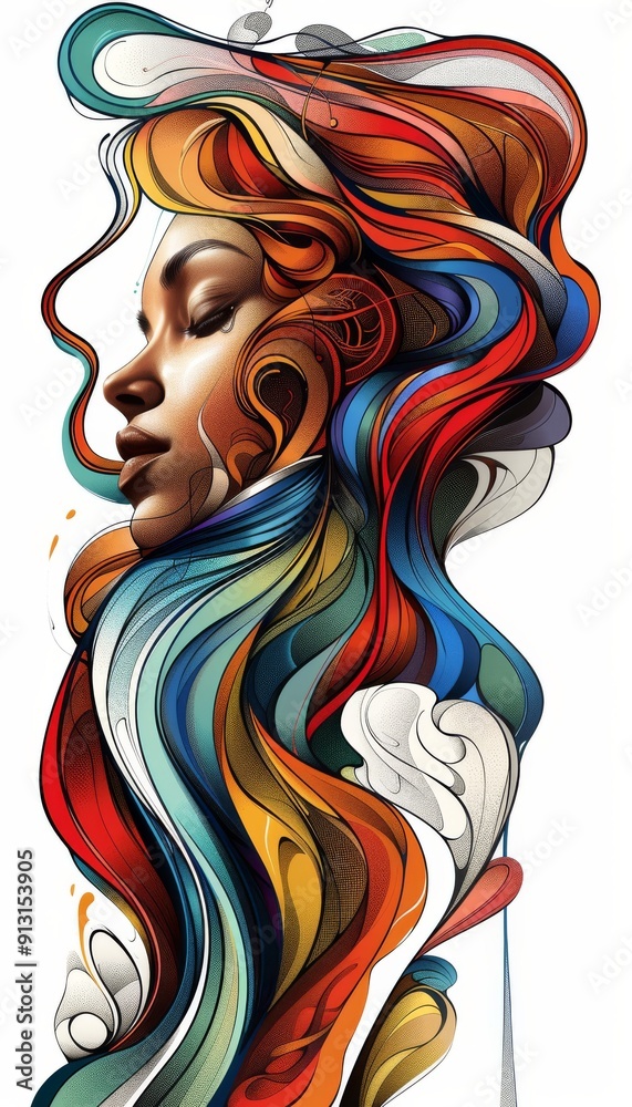 Surrealistic portrait of a woman with a head made of colorful flowing waves
