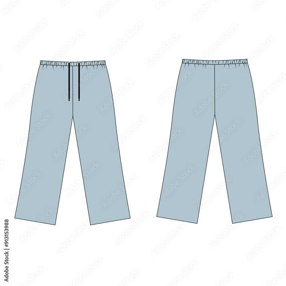 Technical drawing of simple summer pants with drawstring, vector. Vector template of palazzo pants, front and back view. Basic pants sketch, vector. Technical drawing of simple summer pants with drawstring, vector. Vector template of palazzo pants, front and back view. Basic pants sketch, vector.