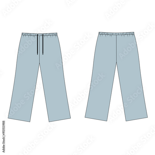 Technical drawing of simple summer pants with drawstring, vector. Vector template of palazzo pants, front and back view. Basic pants sketch, vector.