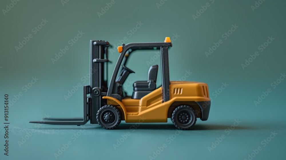 Fototapeta premium Yellow toy forklift on teal background highlighting industrial equipment details.