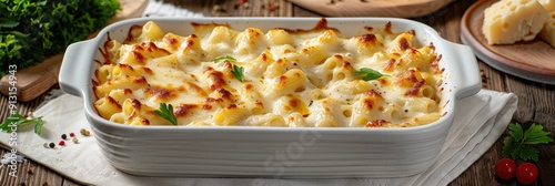 Pasta Casserole with Bechamel Sauce and Melted Mozzarella Cheese Served in a White Baking Dish on a Table Turkish Name Firinda Makarna or Firin Makarna photo