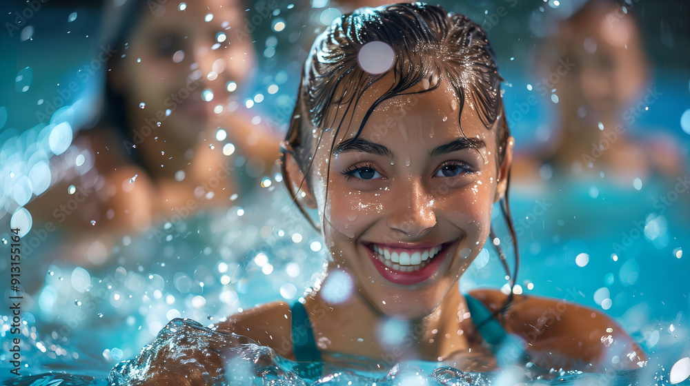 A close-up of a smiling young girl enjoying a swim in a pool, with water droplets sparkling around her. With the girl's face in sharp focus and a bokeh effect on the background A close-up of a smiling young girl enjoying a swim in a pool, with water droplets sparkling around her. With the girl's face in sharp focus and a bokeh effect on the background