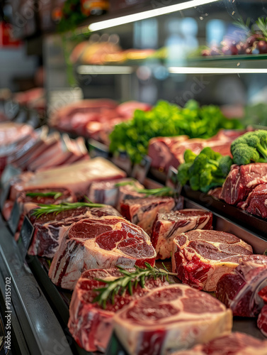 Meat display in a butcher shop with various cuts of beef steaks.