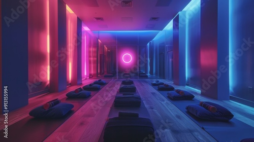 Empty yoga studio with colorful lighting.