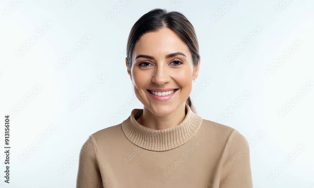 portrait of smiling woman in beige pullover over white background portrait of smiling woman in beige pullover over white background