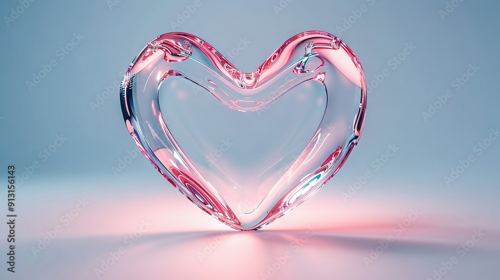 Heart-shaped glass object resting on blue surface with a pink light emanating from within Heart-shaped glass object resting on blue surface with a pink light emanating from within
