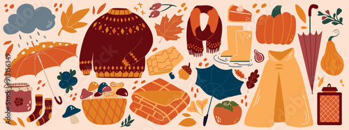 Set of autumn elements. Fall season collection. Pumpkin, rain and umbrella, raincoat and wellies.