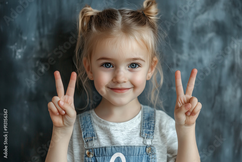 little girl with two fingers up, 4 years old, peace sign, turning four, birthday