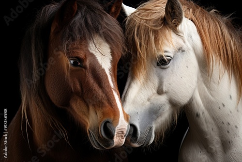 Two horses leaned towards each other, showing tenderness