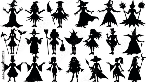 Set of silhouettes of Halloween Witches