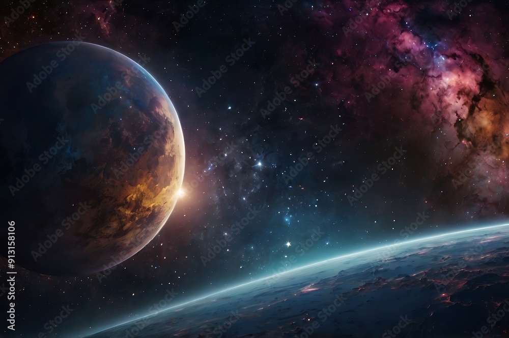 Abstract unique background of astronomical space illustration in endless infinity, combination of catchy colors on black theme