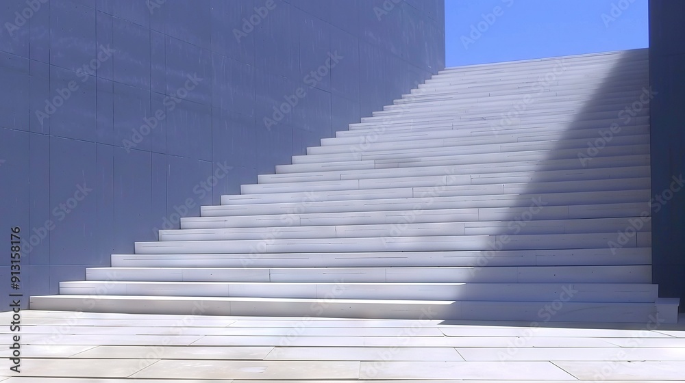 A blue sky backgrounds white stairs up a building A blue sky backgrounds white stairs up a building