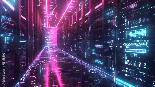 Data center with racks of servers and holographic data projections.