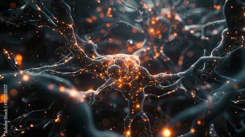 Digital brain with interconnected synapses glowing in the dark.