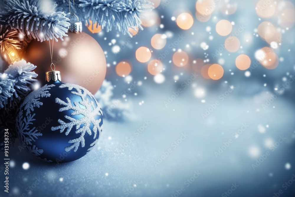 Christmas Tree with Frosted Ornaments and Snowflakes in Snowy Setting with Warm Bokeh Lights Creating a Festive Holiday Atmosphere Christmas Tree with Frosted Ornaments and Snowflakes in Snowy Setting with Warm Bokeh Lights Creating a Festive Holiday Atmosphere