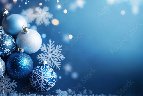 blue christmas background with snowflakes and christmas balls