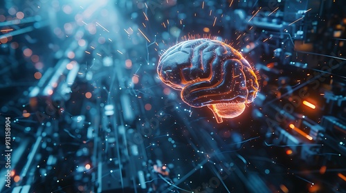 Digital brain with synapses lighting up in a dark, high-tech environment.