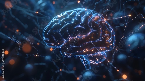 Digital brain with synapses lighting up in a dark, high-tech environment.
