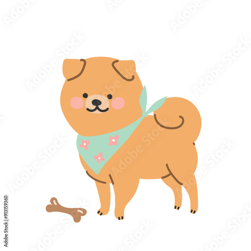 Cute cartoon spitz with a bandana on his neck guards a bone. Vector illustration in flat style