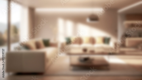 Blurry view of bright living room with sofa and warm colors