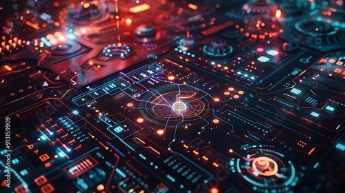 Digital interface with complex neural network diagrams and data flows.
